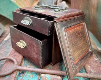 Antique Chinese Rosewood Box with Hidden Drawers Brass Accents, Medium-Small Size
