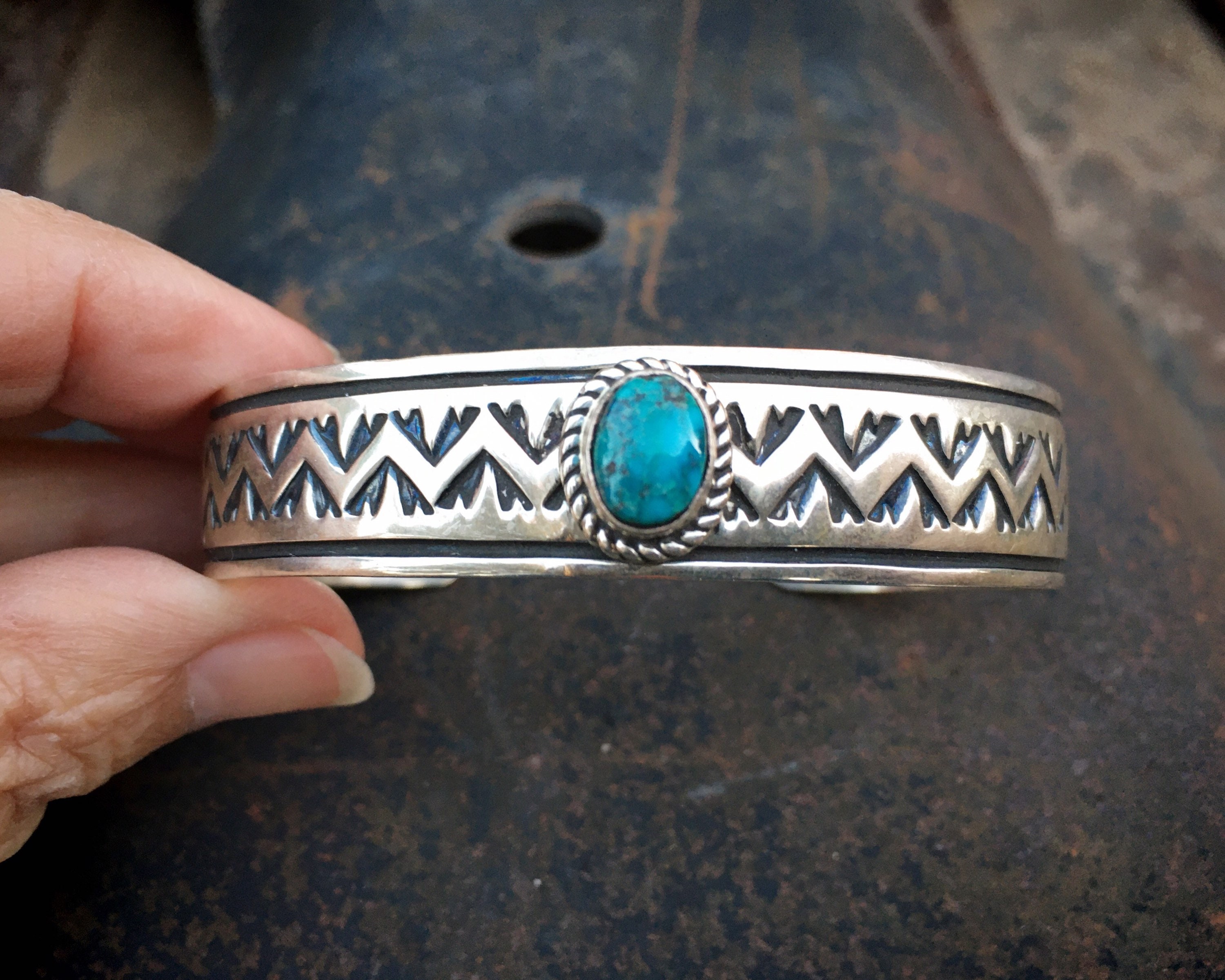 Item #973K- Vintage Wide Navajo Storyteller Overlay Sterling Silver Cuff  Bracelet by D. Reeves —Men's and Women's Sterling Silver and Gold Bracelets