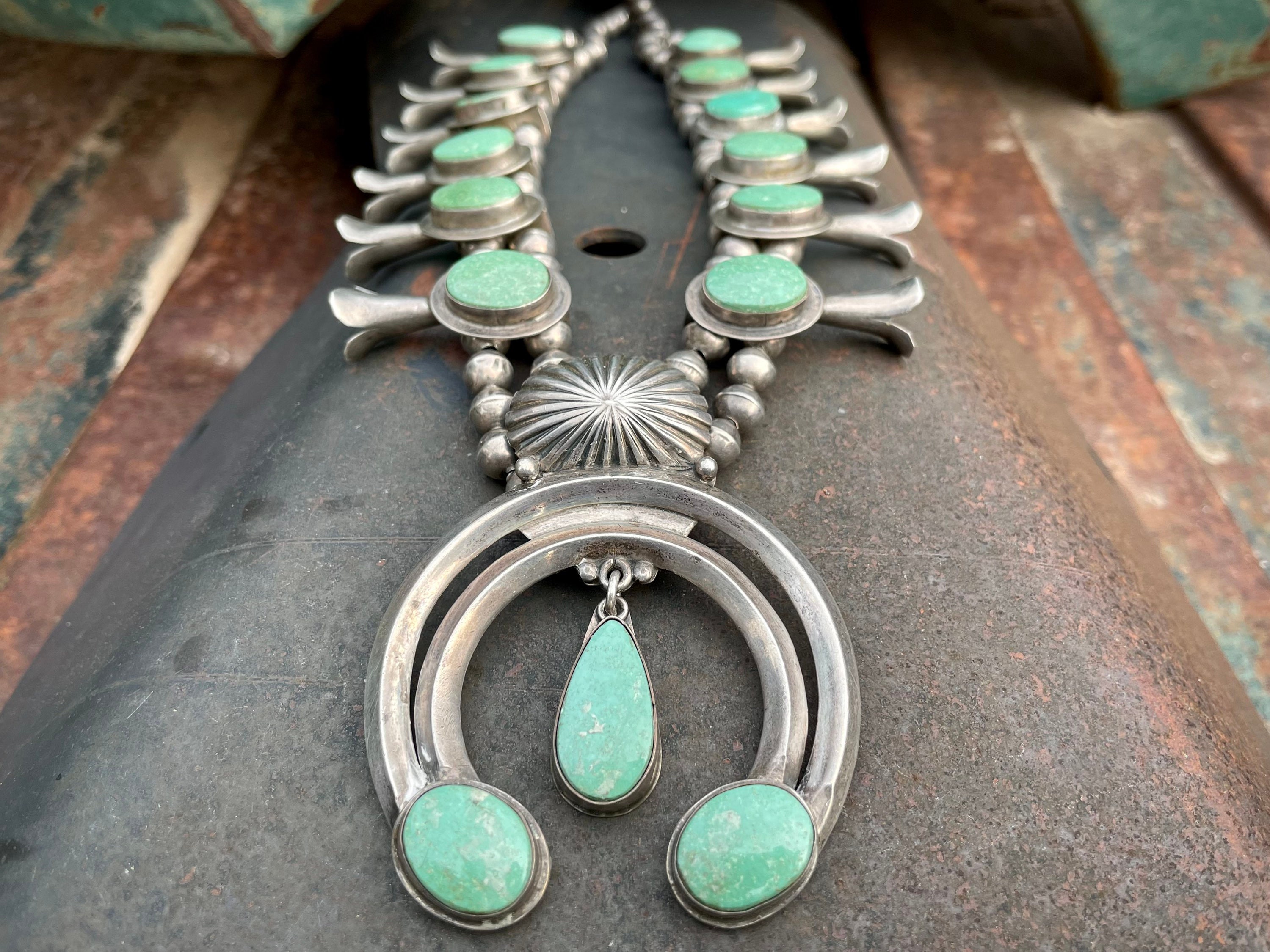 167g Green Turquoise Squash Blossom Necklace Circa 1980s, Vintage