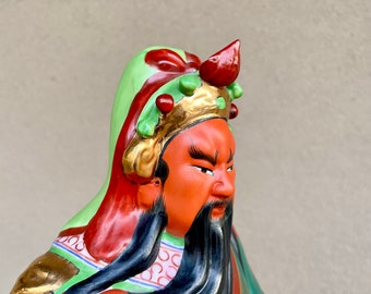 Vintage Porcelain Guan Yu Reading Book Statue, Largeish at 13", Asian Decor Bohemian Interior