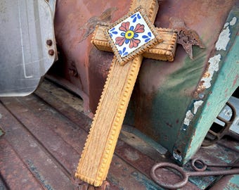 Vintage Carved Wood Wall Cross with Pottery Tile & Metal Crows, Southwestern Rustic Decor