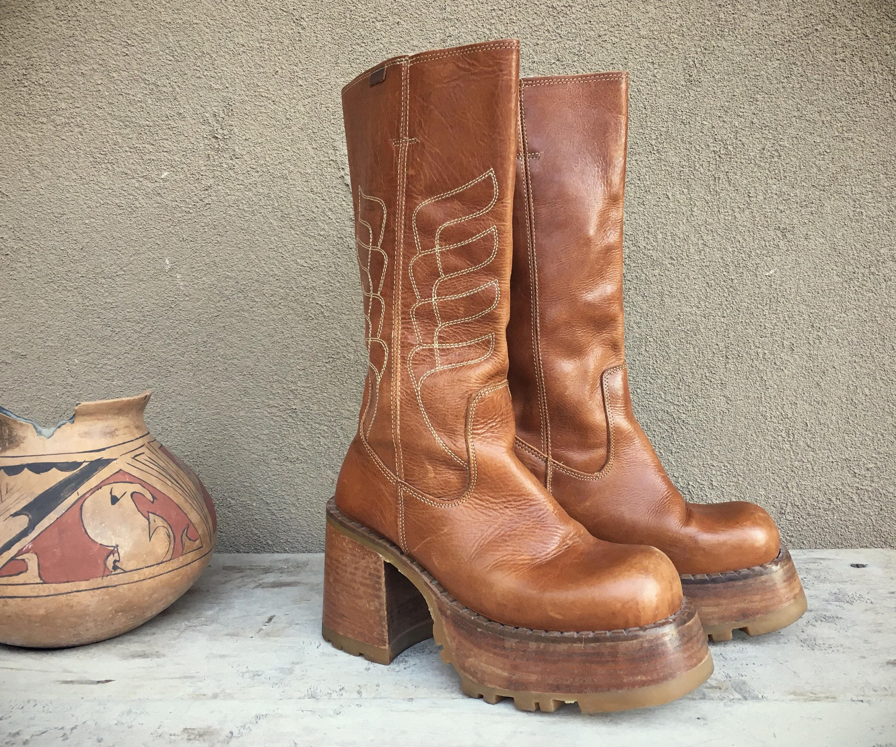 1990s DESTROY Platform Boots Goth Brown Leather Club Kids