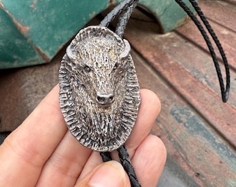 Vintage Sterling Silver Cast Buffalo Bolo Tie, American Bison Jewelry