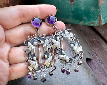 Federico Jiménez Sterling Silver Amethyst Dove Chandelier Earrings 3"