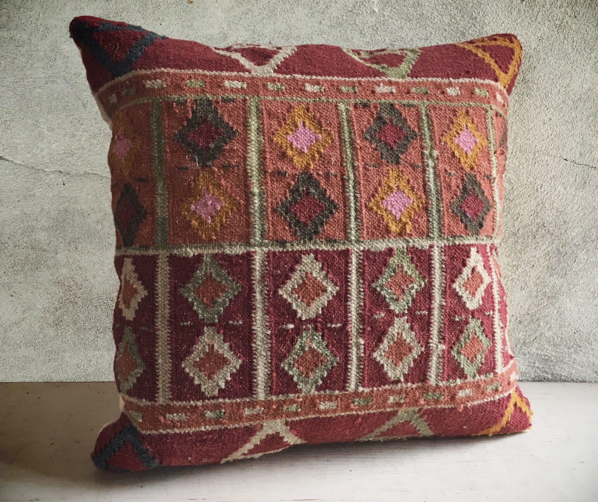 Vintage Turkish Kilim Pillow Beige Orange Red Decor 17 x 17, Accent