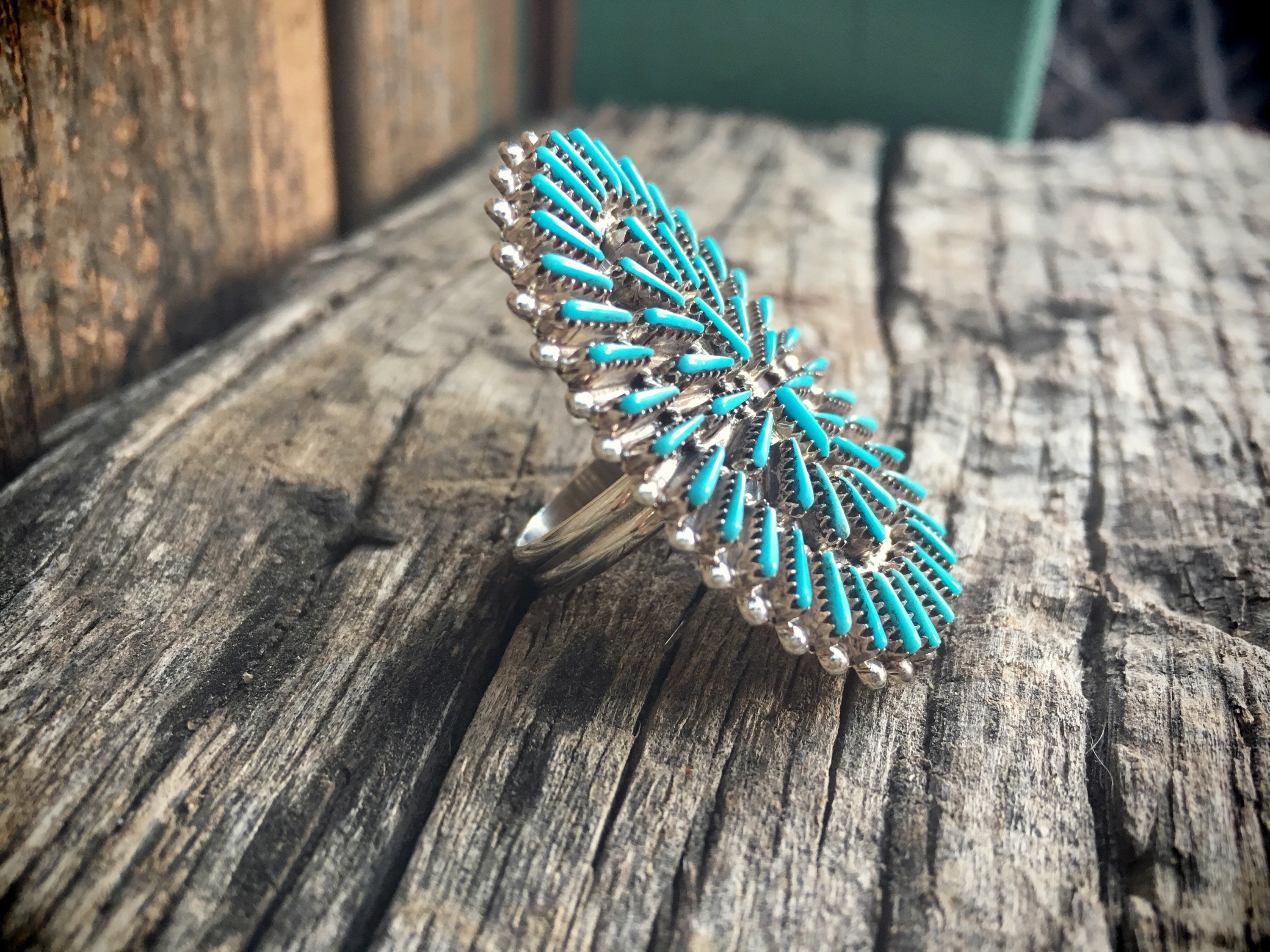 Turquoise Ring Zuni Needlepoint Cluster Ring for Women Size 8.5 Native