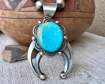 Chimney Butte Turquoise Sterling Silver Naja Pendant Necklace, Navajo Pearls 20"