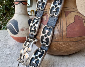 Vintage Navajo Sandcast Silver and Black Leather Concho Belt Approx 31-35"