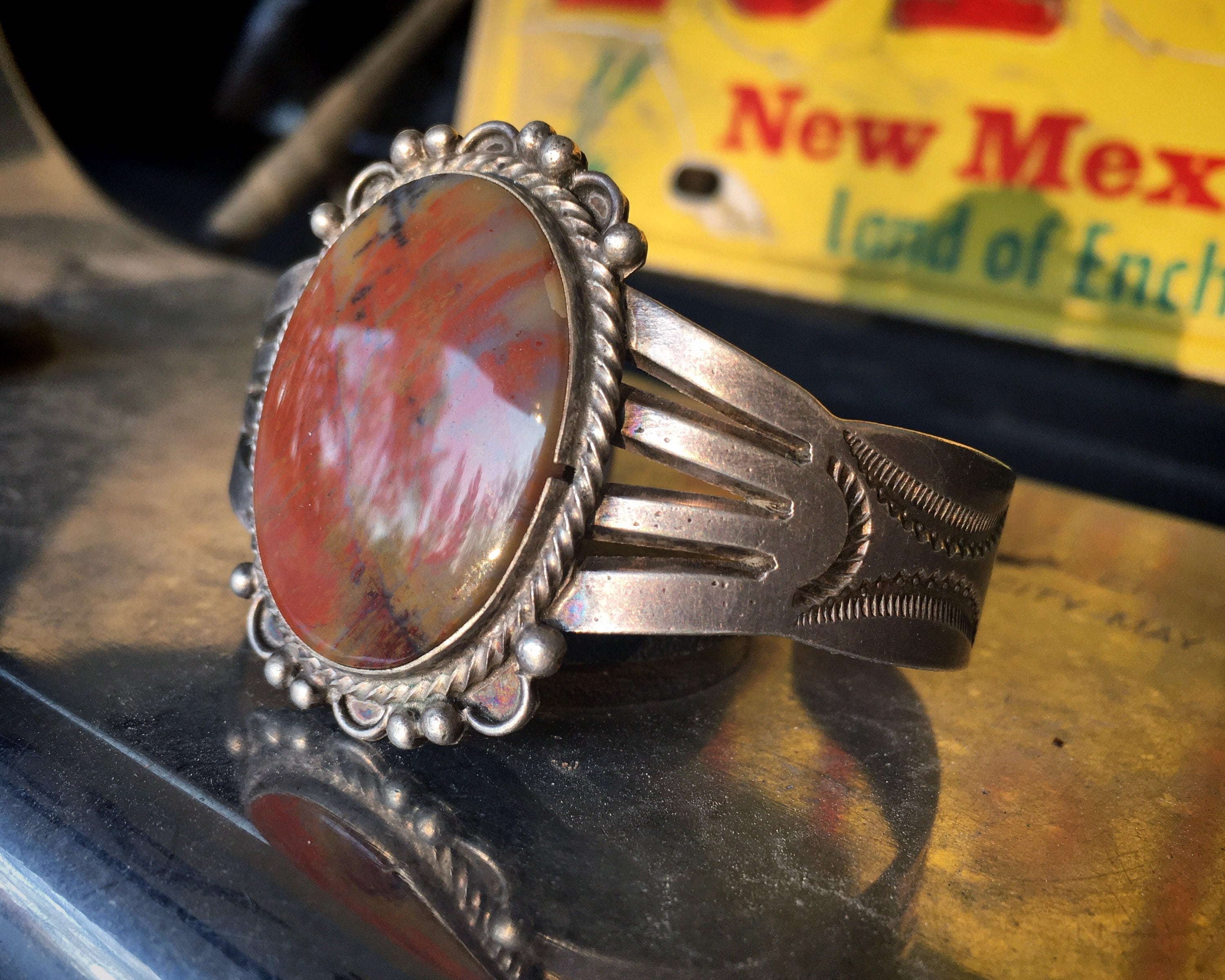 Opulent Vintage Native American Navajo Petrified Wood Sterling Silver Bracelet Opulent Vintage Native American Navajo Petrified Wood Sterling Silver Bracelet