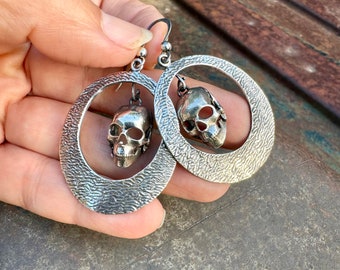 Sterling Silver Hoop Earrings with Dangling Calavera Skeleton, Mexican Skull Jewelry Day of Dead
