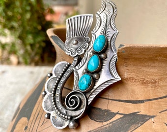 Heavy Large Sterling Silver Turquoise Manta Pin Brooch in Floral Leaf Design by Yaqui Art Tafoya
