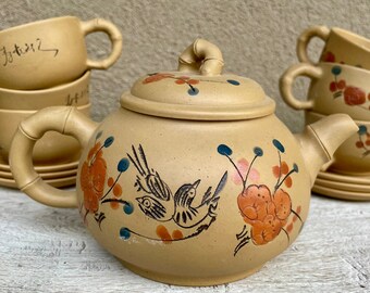 Small Vintage Stoneware Yixing Teapot and Six Cups with Saucers, Bird and Flower Design