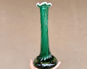 Vintage Hand Blown Green Glass Bud Vase 10" Tall, White Ruffle