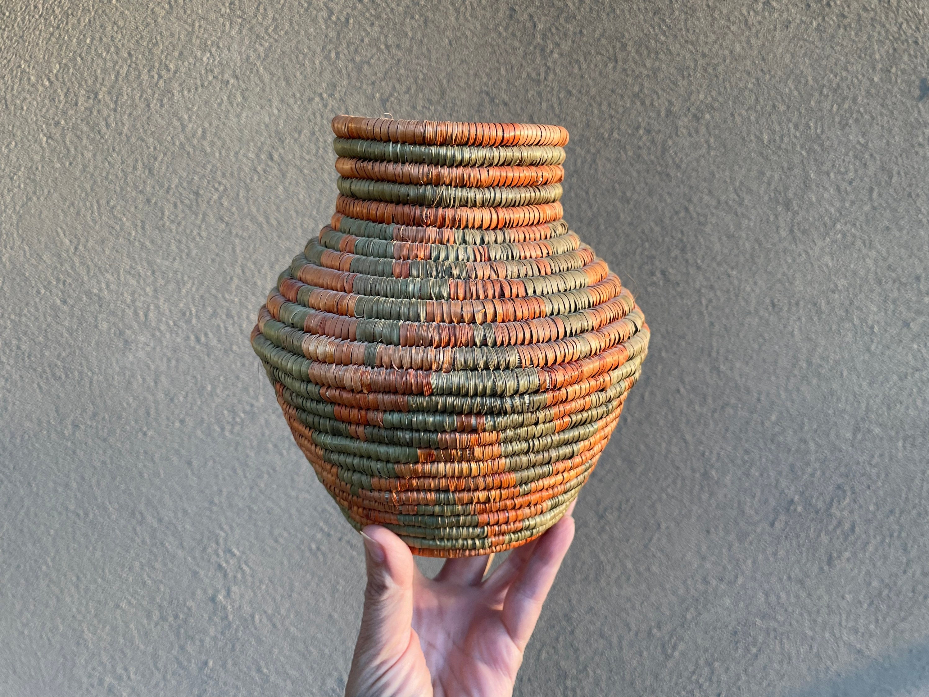 Medium Small Vintage Coiled Basket Vase or Pot in Rust Earthtone Colors