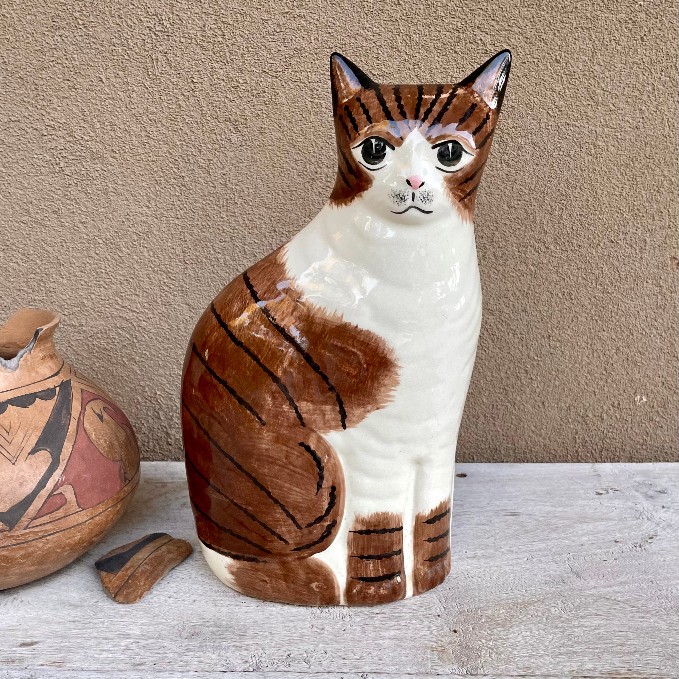 Vintage Ceramic Cat Statue Approx 14 Tall, Staffordshire Style,  Brown-Orange and White Tabby