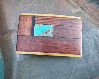 1970s Wood & Turquoise Inlay on Brass Belt Buckle by Artist Kenneth Reid