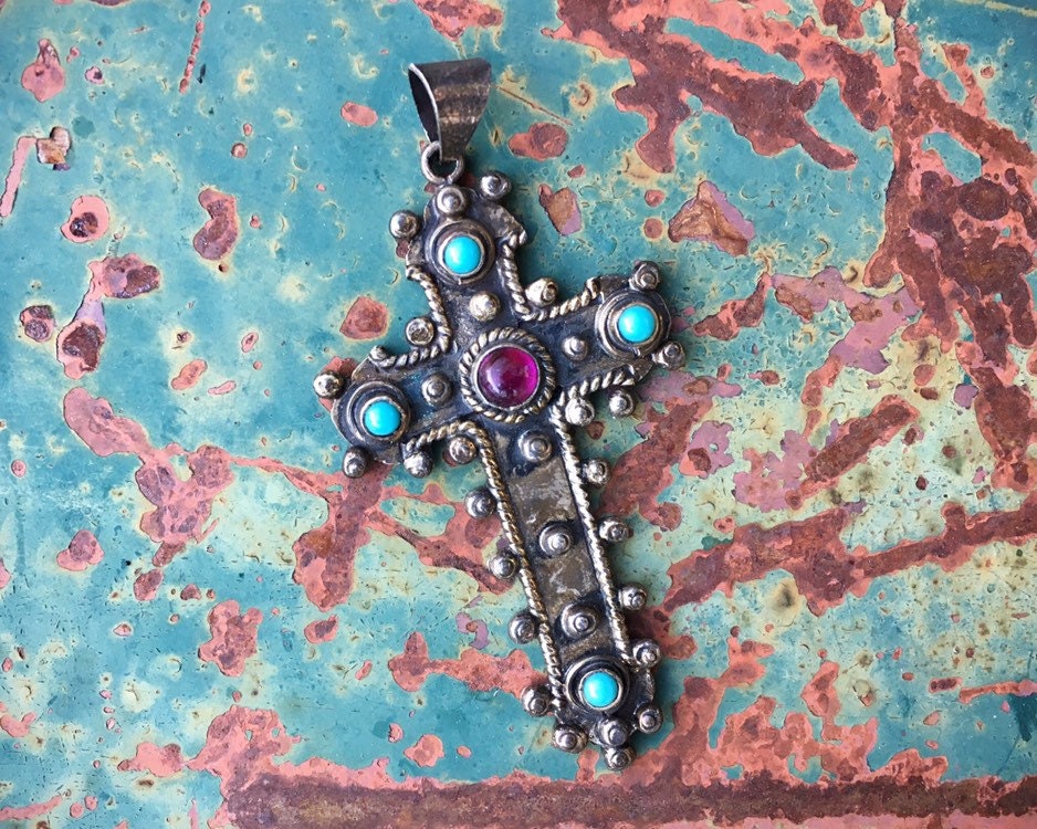 Pendentif Croix En Argent 925 Avec Améthyste – Style Vintage Mexico – Occasion – Collier Oscillant