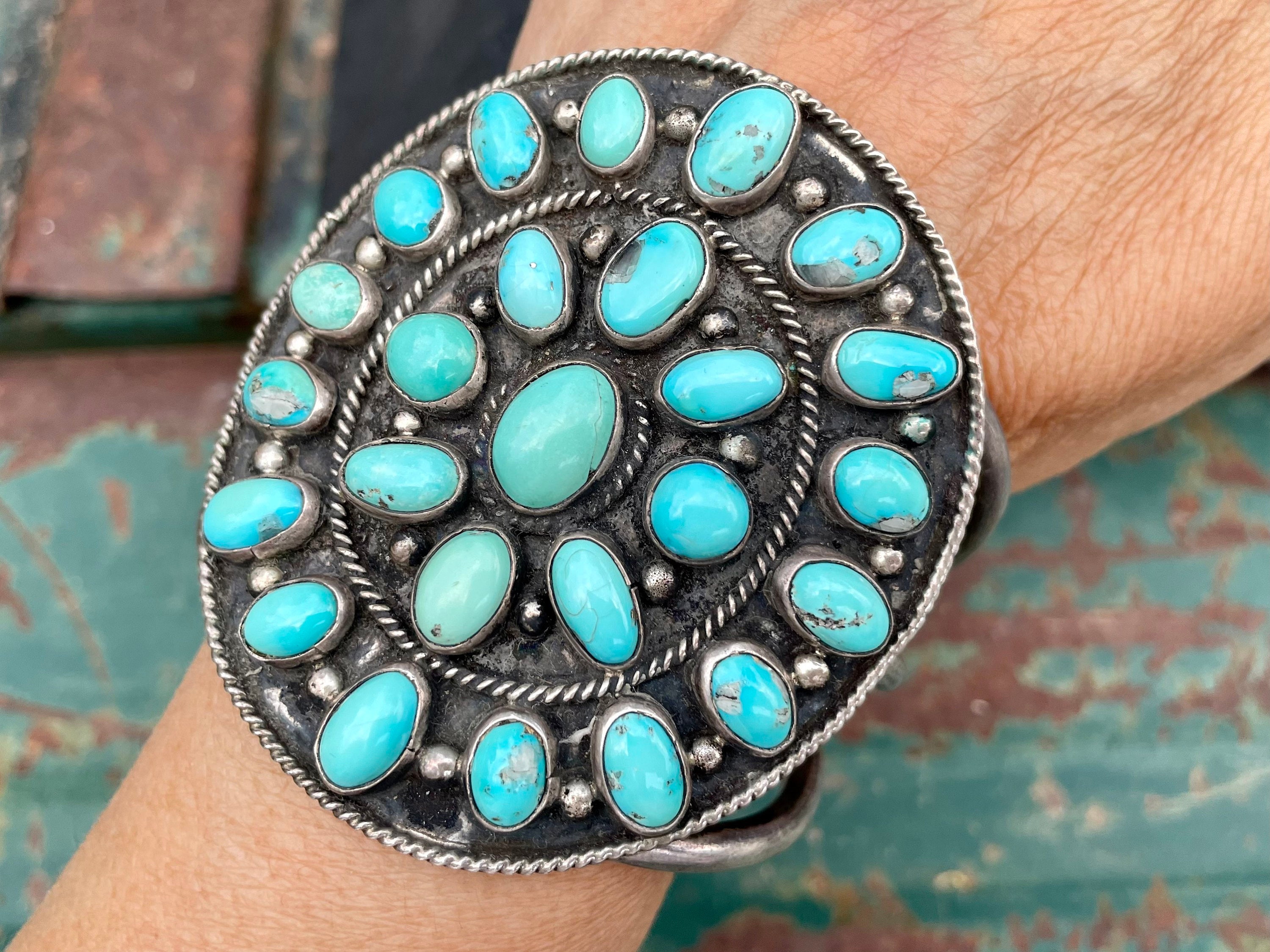 113g HUGE Turquoise Cluster Cuff Bracelet Unisex, Vintage Navajo