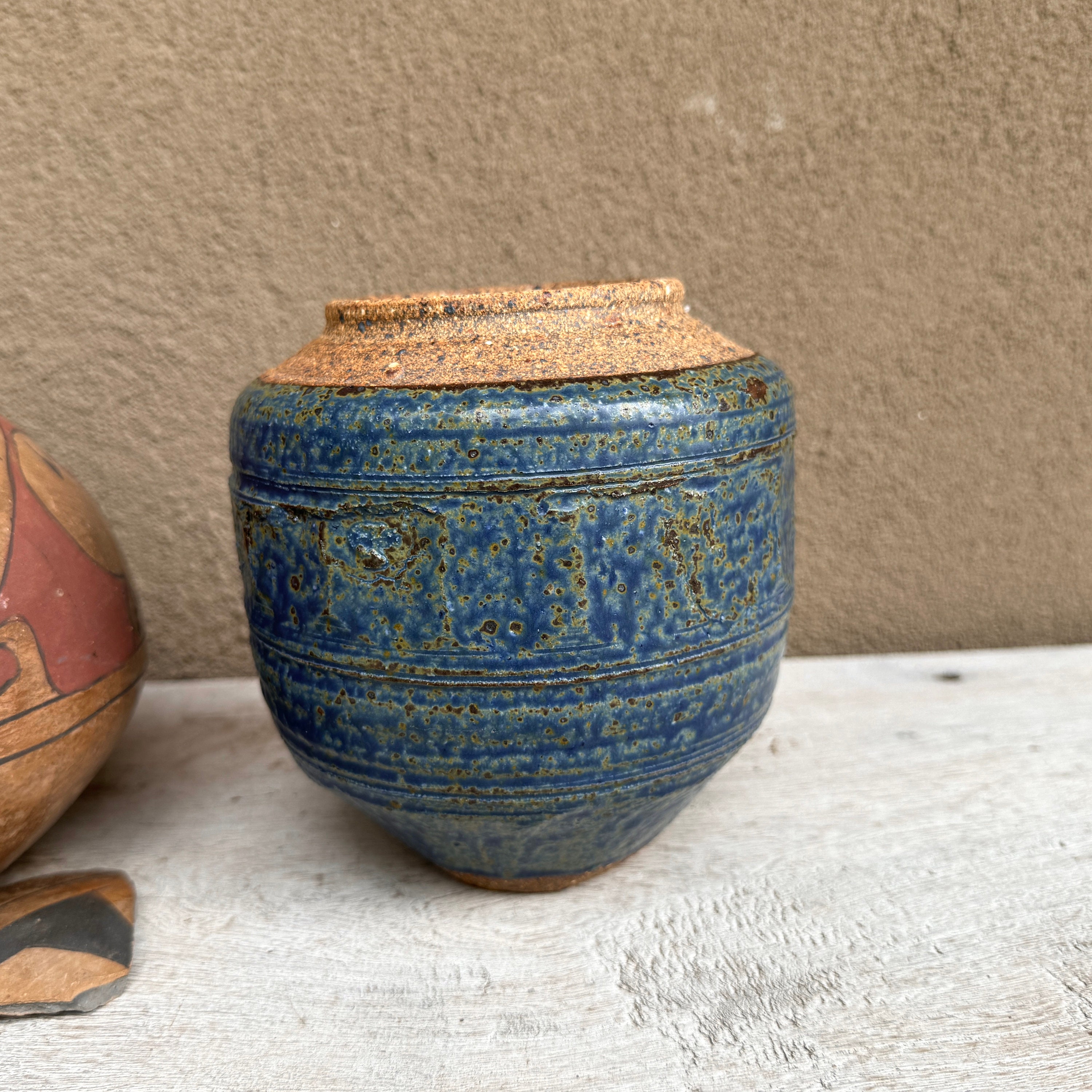 Vintage Art Studio Pottery Vase with Blue Drip Glaze, Stoneware ...