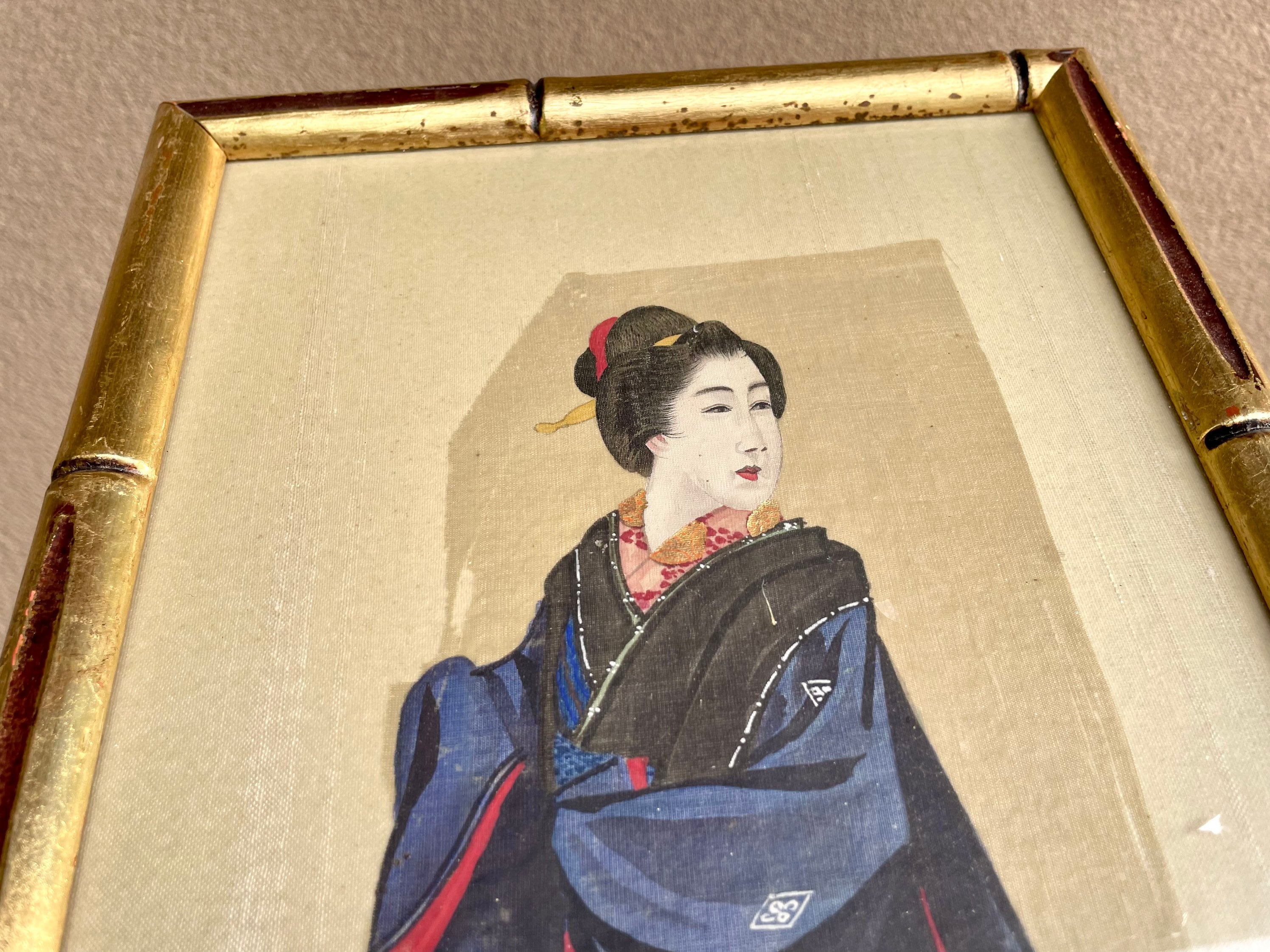 Pair of Vintage Japanese Silk Paintings with Faux Bamboo