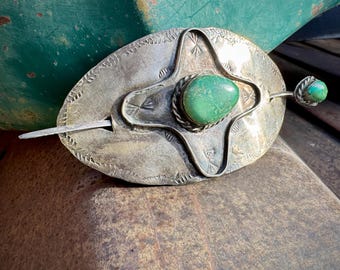 Vintage Sterling Silver Turquoise Slide with Hair Stick, Rustic Navajo Style Barrette