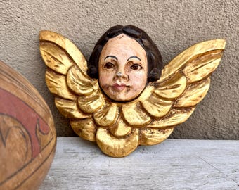 Mexican Carved Wood Winged Angel Wall Hanging (Distressed), Religious Folk Art