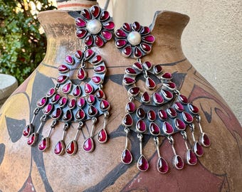 Federico Jimenez Garnet Pearl Huge Chandelier Earrings Approx 3.5"