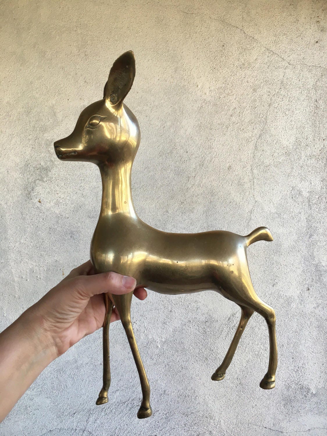 Pair large Midcentury Modern brass deer figurines, buck doe family, vintage deer statue, brass