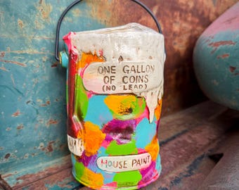 1970s House Paint Can Ceramic Coin Bank, Bright Neon Colors, "One Gallon of Coins"