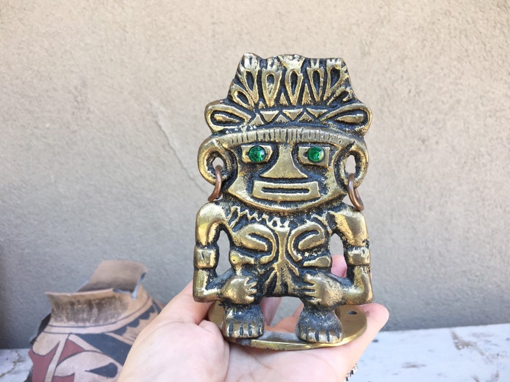 Vintage Brass Bookends Aztec Diety with Green Eyes Pre-Colombian Style ...