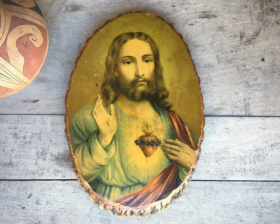 Vintage Decoupage Christ Sacred Heart On Wood Slice Board