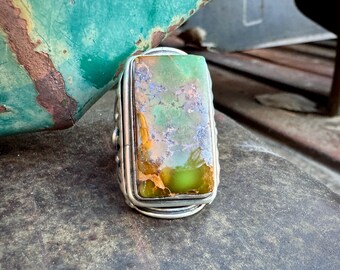 Heavy Green Turquoise Signet Ring Size 10, Big Rectangle, 30g