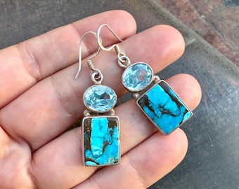 Vintage Sterling Silver Turquoise & Aquamarine Earrings, Open Back, Rustic Silverwork