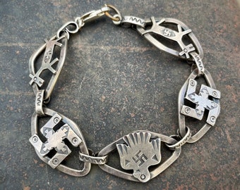 Fred Harvey Era Silver Thunderbird Dog Whirling Log Link Bracelet (Clasp Added), Route 66 Jewelry