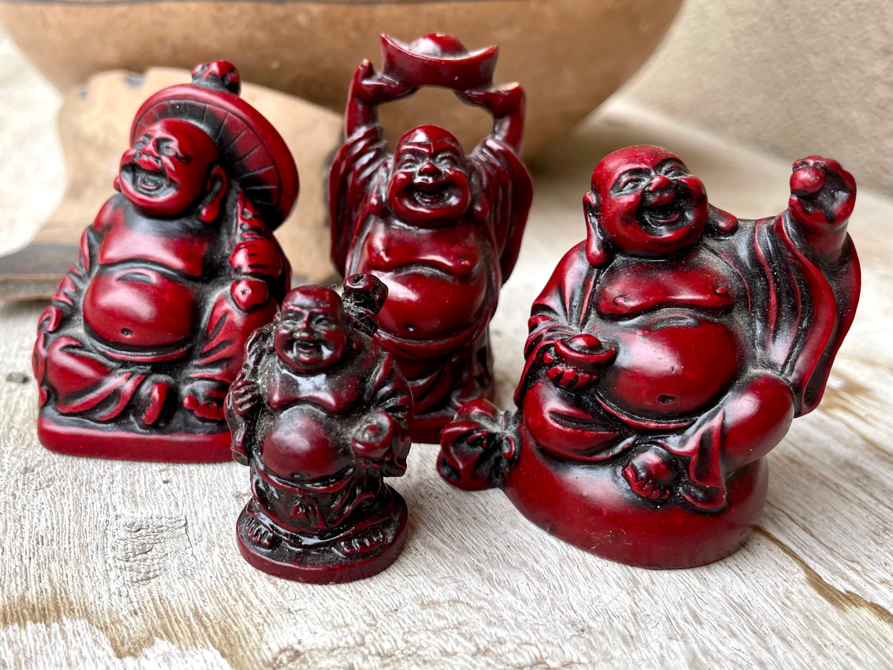 Four Small Red Resin Buddha Figurines from 1990s, Laughing Hotei, Zen ...