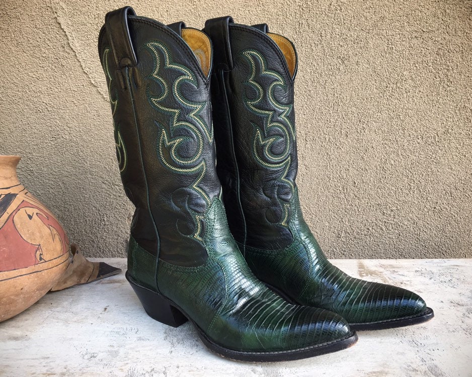 Vintage Nocona Teju Lizard Green Cowboy Boots Women s Size 5 B Cowgirl Boot