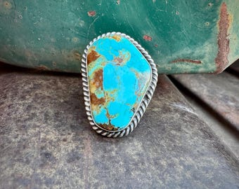 Navajo Augustine Largo Large Single Turquoise Stone Ring Size 9 (Slightly Adj)