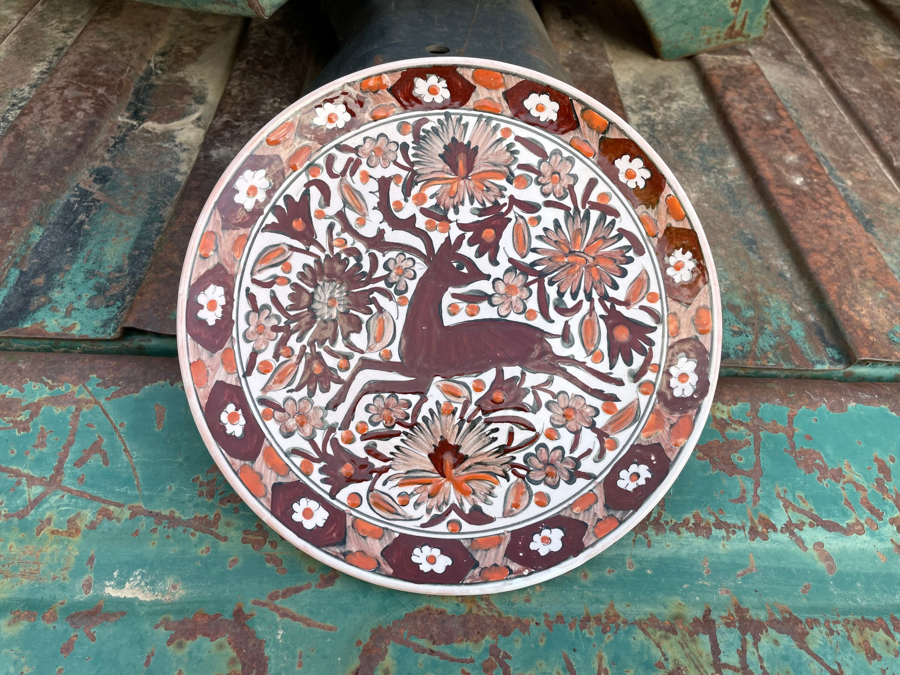 Vintage Greek Ceramic Wall Plate of Stag by Icaros Pottery Rhodes Greece Folk Art Redware Pottery