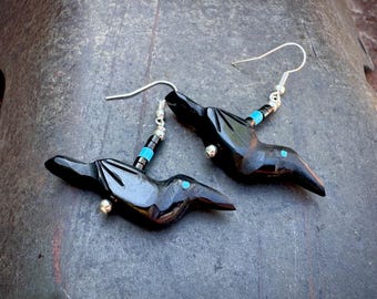 Carved Black Stone Crow or Raven Fetish Earrings by Artist Matt Mitchell, Southwestern Jewelry