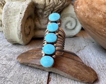 Five-Stone Turquoise Ring Size 10, Creamy Pale Blue Color, 2" Long