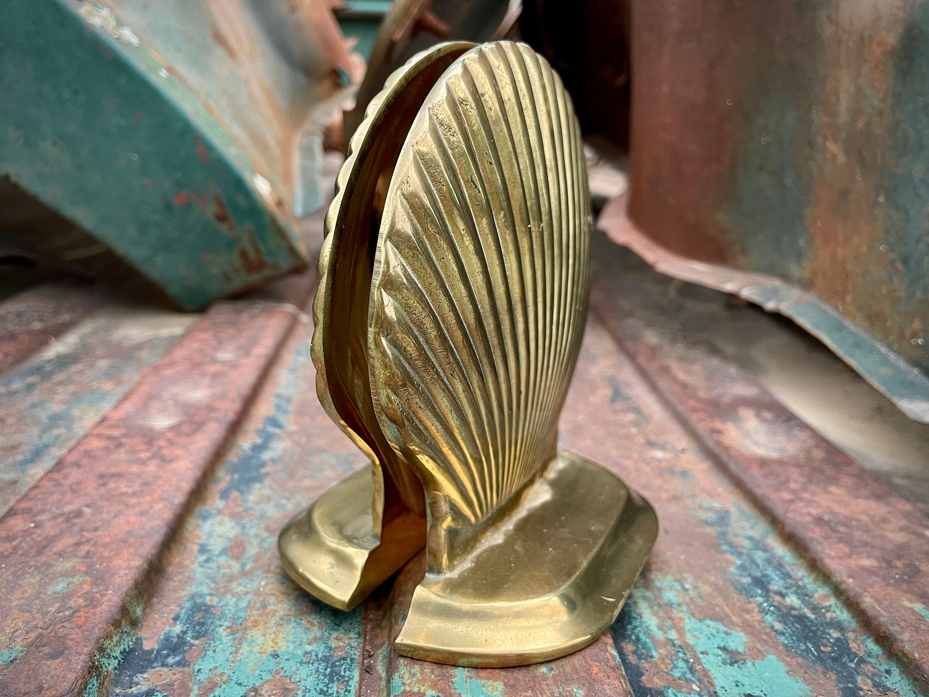 Set of Vintage Brass Clamshell Bookends, Medium-Small Scalloped Shell,  Beach House Library Decor