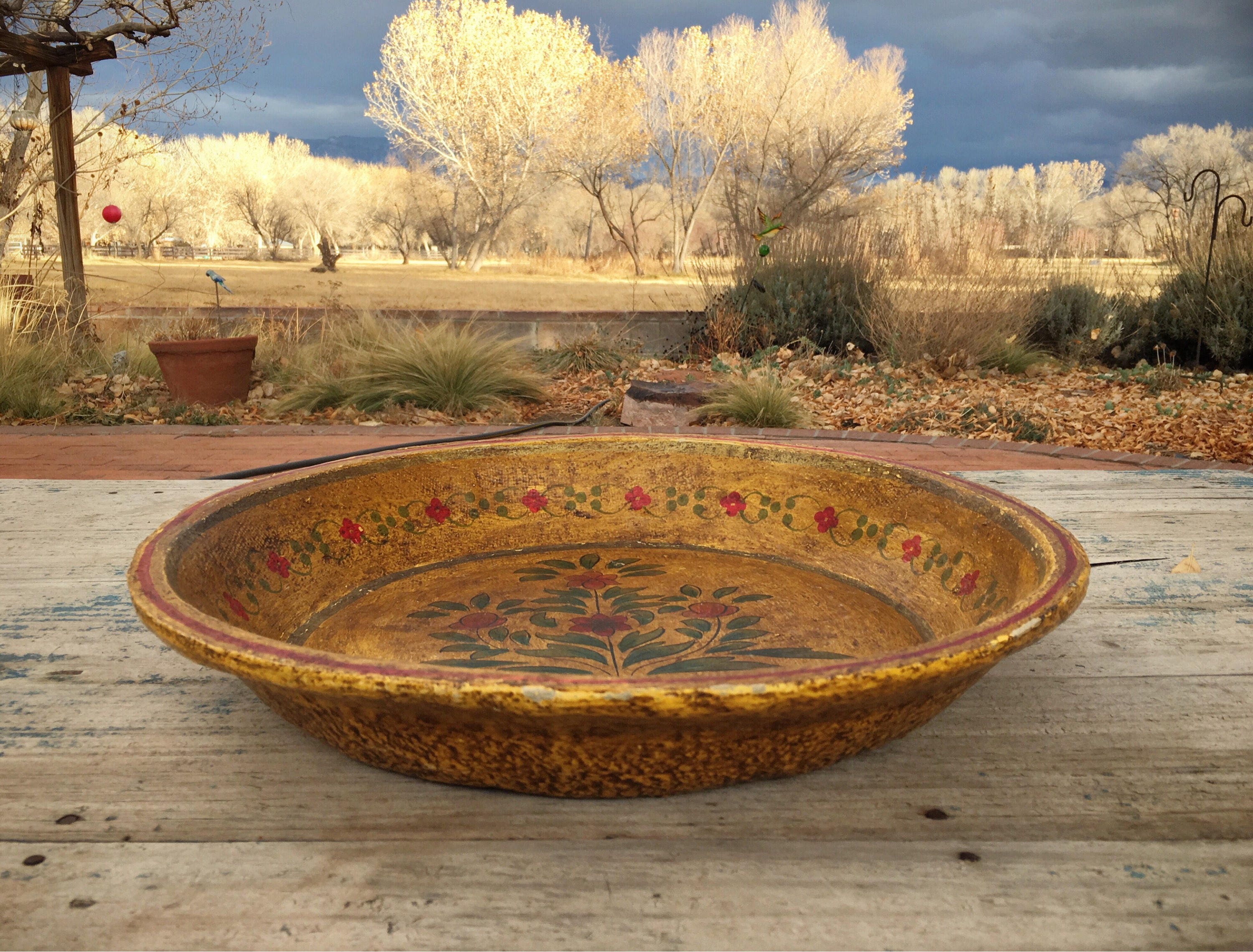 Paper Mache Large Shallow Bowl Mexican Folk Art Shelf Decor, Farmhouse