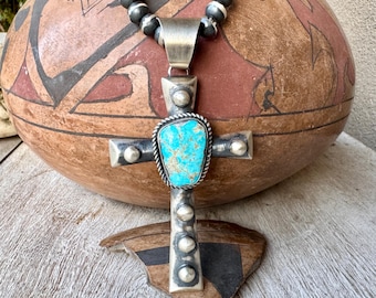 Chimney Butte Sterling Silver Turquoise Cross Pendant on Navajo Pearls Necklace 21"
