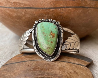 Vintage Navajo Fred Guerro Sr. Natural Green Turquoise Cuff Bracelet Approx Size 6+ w/ Tiny Gap