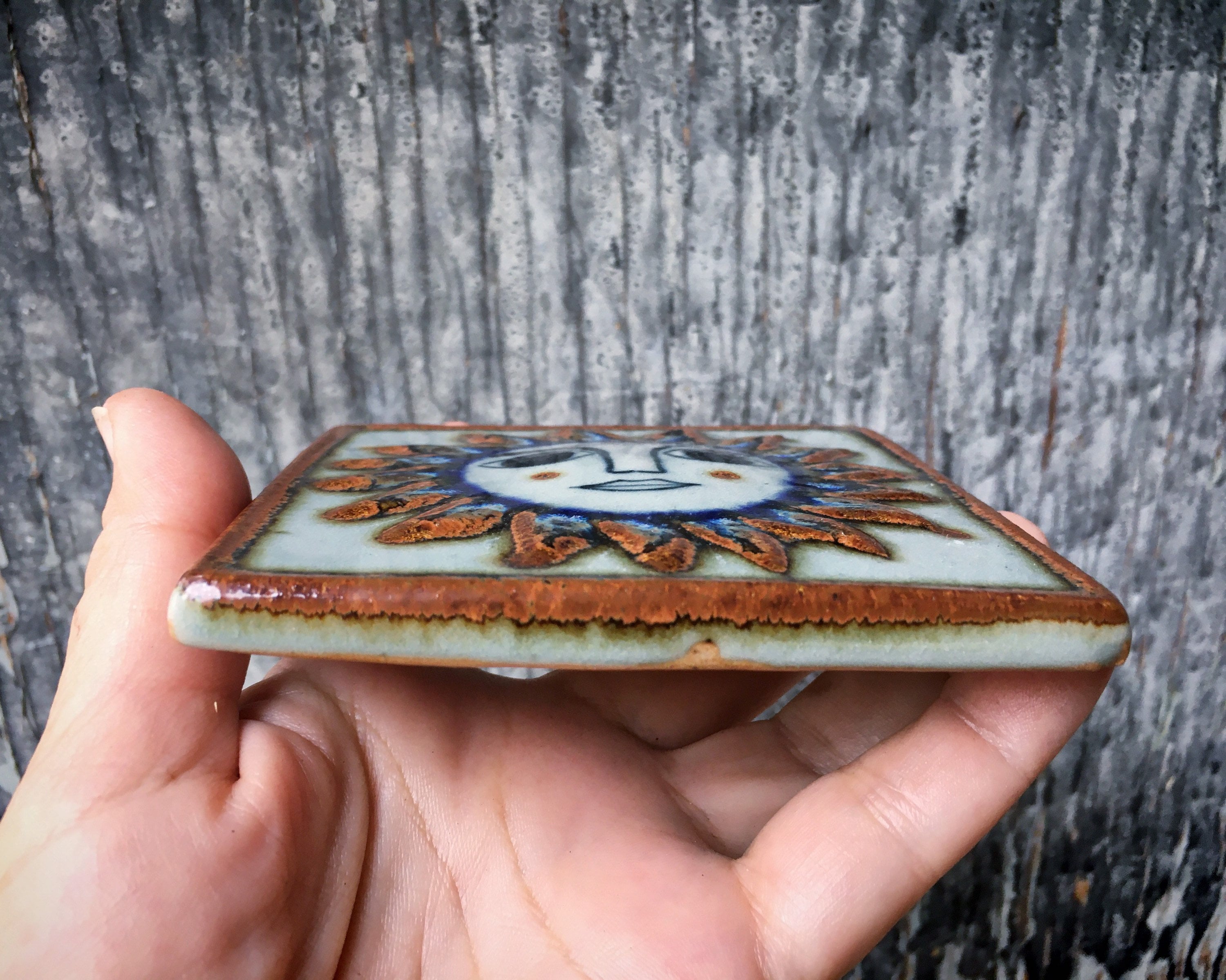 Small 4x4 Vintage Mexican Ceramic Tile Wall Hanging of Sun Face, Rustic