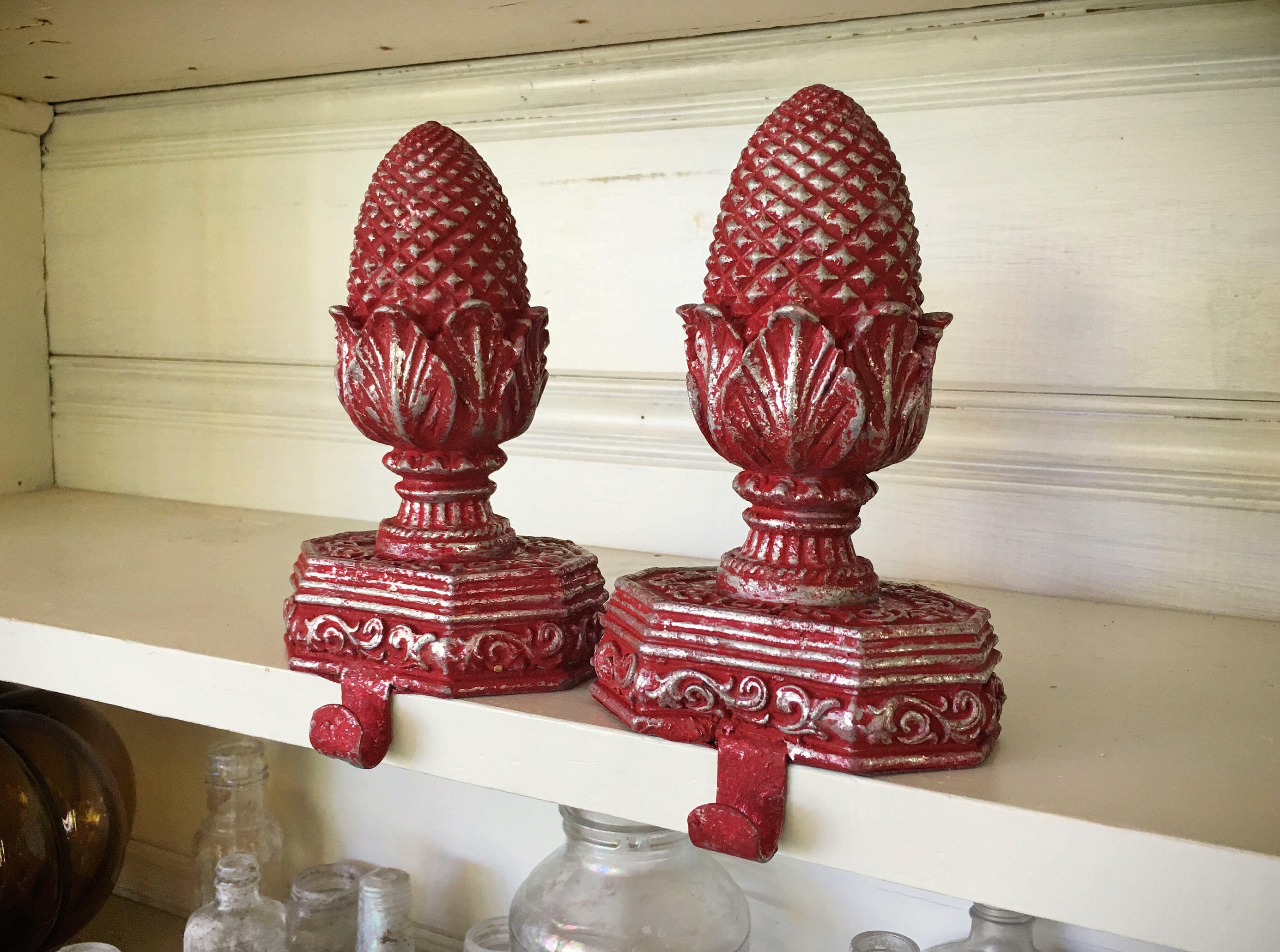 Distressed acorn finial Christmas stocking holders for mantle rustic