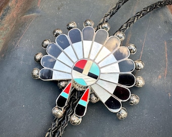 Vintage Zuni Bolo Tie Channel Inlay Sunface Kachina, Mother of Pearl, Native American Necktie