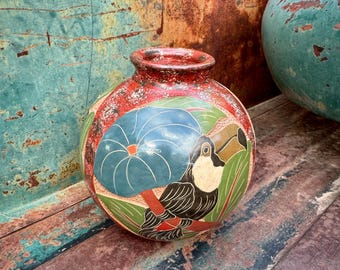 Vintage Etched Pottery Vase with Nature Design, Butterfly Tortoise Macaw, Southwestern Decor