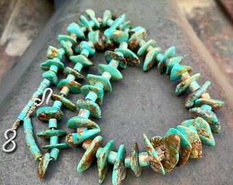 78g Vintage Turquoise Nugget Tab Necklace w/ Heishi Strung on Twine 21", Navajo Native American