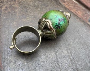 Big Round Tibetan Turquoise and Brass Ring Adjustable Shank